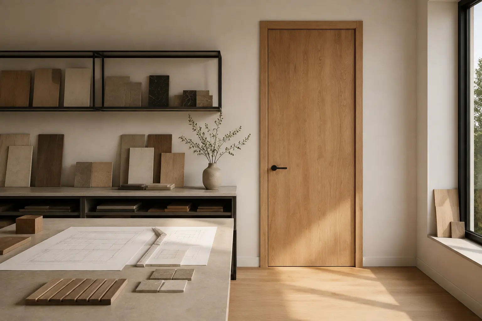 Strakke massief eiken deur in een licht interieur