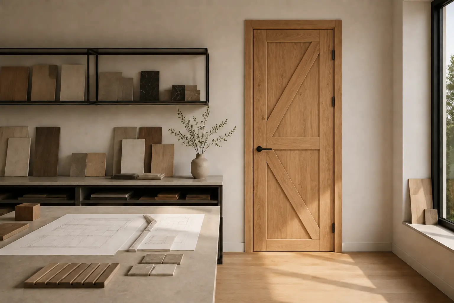 Massief eiken deur met diagonale houten details